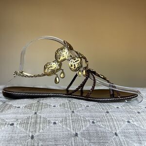 Giuseppe Zanotti Design Brown Leather Strap w/ Gold Brass Flat Sandal EU 37 US 7